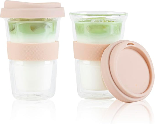 Restaurantware Glass Travel Mug 1 Count 14 Ounce Double Wall Borosilicate Reusable Coffee Cup, Spill-Resistant Tan Silicone Lid, Clear Drinkware Mug for Hot and Cold Beverages