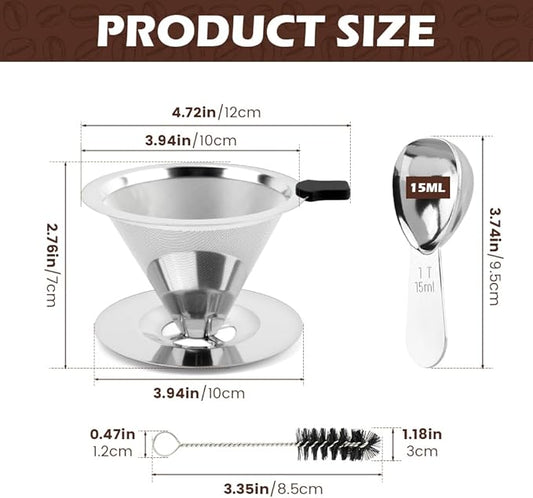 Pour Over Coffee Dripper,Upgraded Double Micro Mesh Filter With Cleaning Brush & 15g Measuring Scoop,Stainless Steel Reusable Coffee Filters Metal Cone-Filter Paperles(1-2cups)