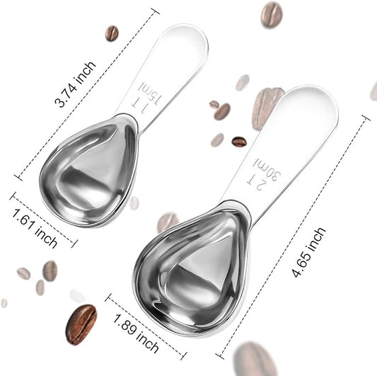 Stainless steel coffee scoop 2-piece set (1 tbsp, 2 tbsp) durable Tablespoon, ergonomic measuring spoon, Suitable for small and large jars,short-handled spoon (Silver)