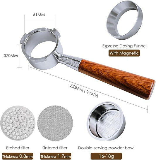 51mm Bottomless Portafilter with 3 Ears – Includes Magnetic Dosing Funnel, Etched & Sintered Filter Screens, Double Shot Basket, Stainless Steel Holder with Redwood Handle, Fits DeLonghi51mm Machines