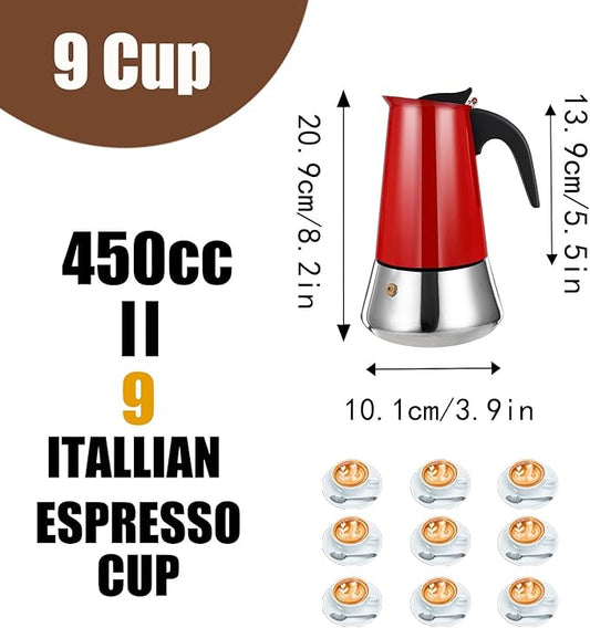 DITOSH 9 Cup Stovetop Espresso Maker Stainless Steel Moka Pot Stove Top Percolator Italian Coffee Makers Capable Mocha Greca Machine Cafe Classic Induction Cookers for Home and Camping 450ml 15oz