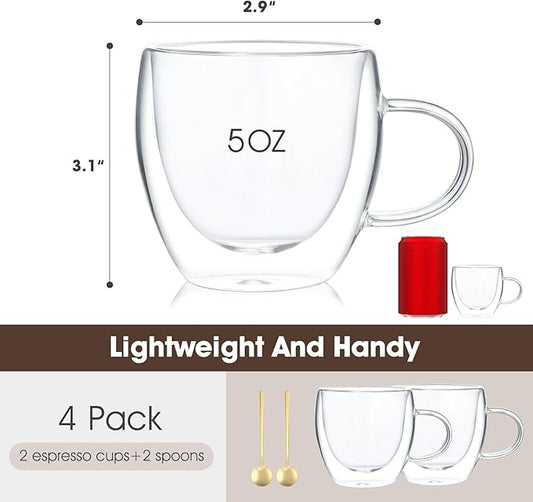 Espresso Cups Set Of 2,Double Wall 5OZ Hand Blown Espresso Shots Glass,Espresso Coffee Mugs In Gift Box,Perfect For Espresso,Latte,Cappuccinos,Tea Bag,Juice