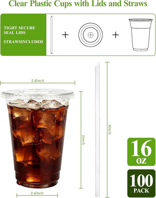 Goodluck 100 Pack 16oz Plastic Cups with Lids and Straws, Clear Disposable Iced Coffee Cups, Food Safe Cold Drink Cups for Bubble Tea, Smoothies & Shakes, BPA Free