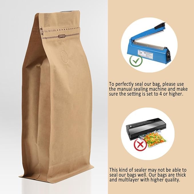 Resealable Side Zipper Coffee Bags with Degassing Valve, High Barrier Natural Kraft Coffee Pouches with Aluminum Foil Liner, Ziplock Food Storage Bags, Longer Shelf Life (50, 32oz/2lb)