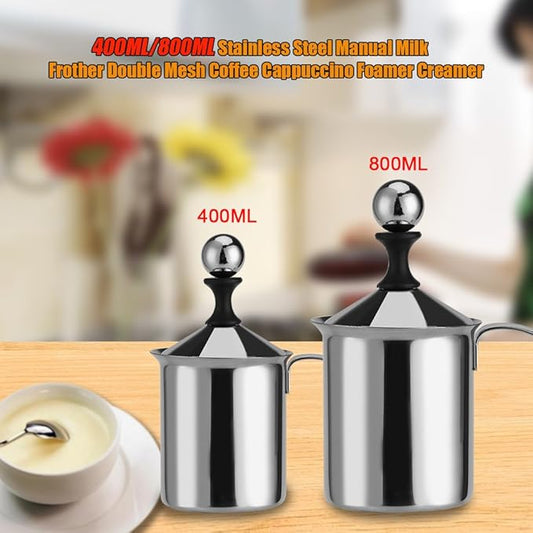 Stainless Steel Milk Frother Pitcher, Manual Coffee Foamer, 800ML Capacity, with Lid and Handle