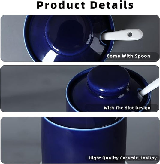 ONTUBE Ceramic Sugar Bowl with Lid and Spoon,Porcelain Sugar Pot,8oz (Navy)
