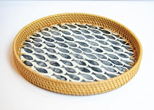 Magenta & Teal Round Rattan Serving Tray with Mother of Pearl Inlay, Wicker Coffee Table Decor, Farmhouse Style (Navy Fish)