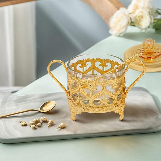 Flylin Sugar Bowl, Turkish Sugar Bowl Sugar with Sugar Spoon and Lid Dual Holder Bowl Condiment Pot Spice Glass Jar Coffee Bar Accessories Sugar Container for Home and Kitchen