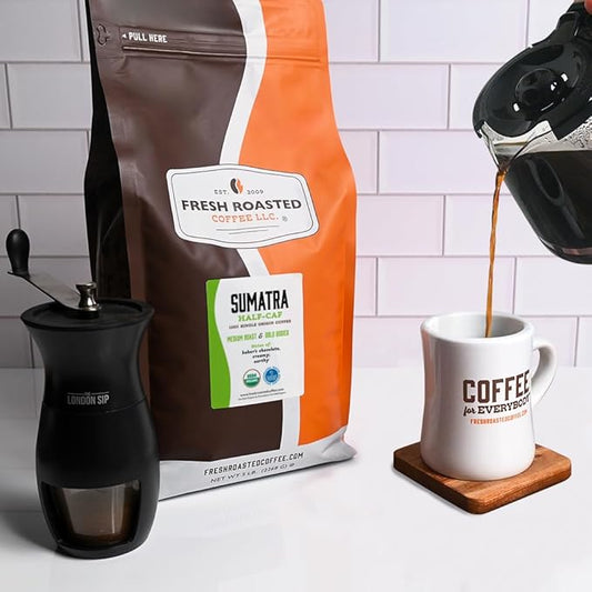 Fresh Roasted Coffee, Organic Sumatra Water-Processed Half-Caf | 100% Single Origin, USDA Organic, Kosher | Medium Roast 5 lb (80 oz) Whole Bean