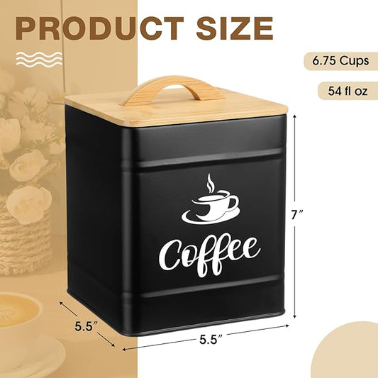 Maxdot 40 oz Black Airtight Coffee Canister Large Iron Farmhouse Container with Wooden Bamboo Lid Tea Storage Kitchen Countertop Container for Coffee Grounds Beans Pods