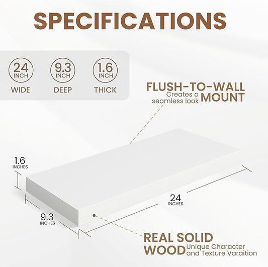 White Floating Shelves 24 Inch Long, 9.3 Inch Deep Floating Shelves for Wall, Rustic Solid Wood Shelves, Deep Wall Shelves for Living Room, Bedroom, Kitchen, 24"W x 9.3"D x 1.6"H, Set of 2