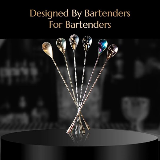 Teardrop Barspoon by Bull In China - 12" / 30cm Antique Brass Weighted Cocktail Stirring Spoon With Spiral Pattern for Bars & Bartenders