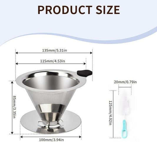 Stainless Steel Pour Over Coffee Dripper, Reusable Fine Mesh Filter for 1-2 Cups, Paperless Coffee Maker for Home, Travel, Camping