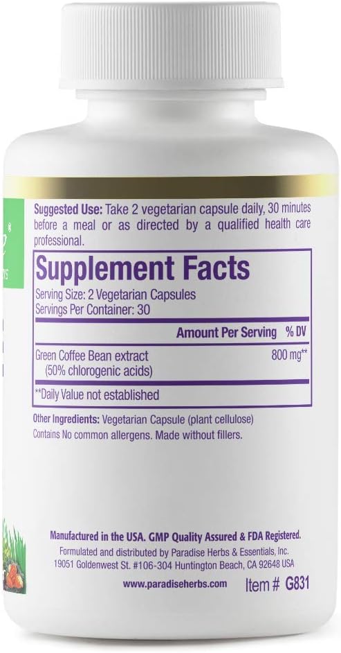 Paradise Herbs Green Coffee Bean, Active Whole Spectrum Extract, Super Potent, Ultra Pure, Vegan, Gluten Free, Non-GMO, 60 Count