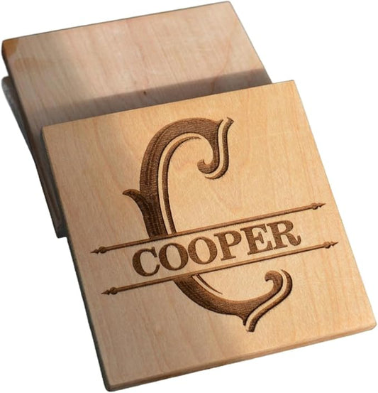 Personalized Wooden Coasters with Monogram, Wedding Date Engraved, Family Name- Choice of Wood (Name Inside Initial)