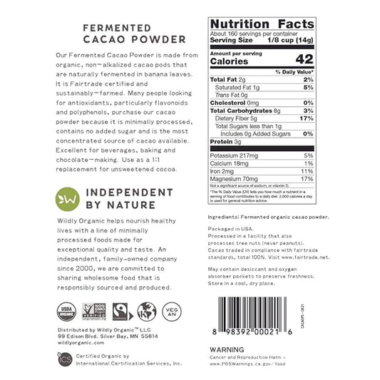 Wildly Organic Fermented Cacao Powder 80 Oz, 5 lb Bag - Organic, Non-Alkalized, Minimally Processed, High in Antioxidants, Raw, Fair Trade, Non-GMO, Kosher, Vegan, Premium Rich Chocolate Flavor - Perfect for Skin, Smoothies, Yogurt, Oatmeal, Chocolate,...