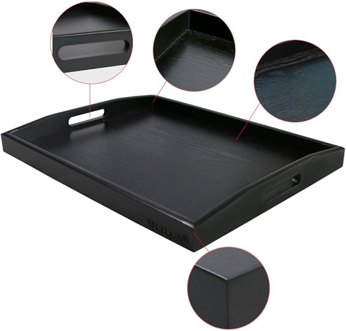 Serving Tray Black Large Food Breakfast Wood Butler Tray with Handle 17.77 x 13.72 x 1.78