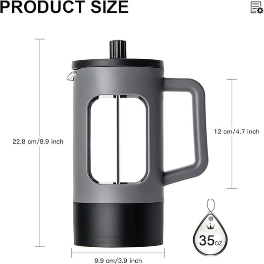 YOLIFE French Press Coffee Maker, 34 oz / 4 Cup Coffee Tea Press with Heat-resistant Borosilicate Glass, 4-Level Filtration Systems, Cold Brew Coffee Maker for Camping Travel Gifts, Grey and Black