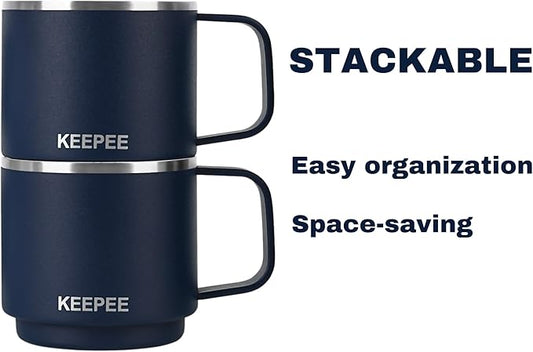 4 oz Stackable Cup with Handle, Vacuum Insulated Espresso Coffee Cup with Ceramic Coating, Stainless Steel, 2 Pack, Navy