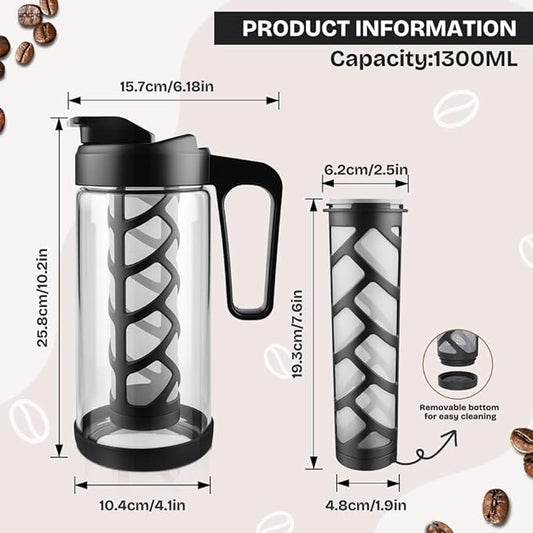 wedrink 44oz Cold Brew Coffee Maker, 1.3L Borosilicate Glass Pitcher with Leak Proof Tritan Lid, Iced Tea Brewer