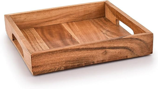 Samhita Acacia Wood Serving Tray with Handles,Wooden Serving Tray, Snack Tray, Breakfast Tray, Great for, Breakfast, Coffee |Size- 10" x 10" x 1.75"