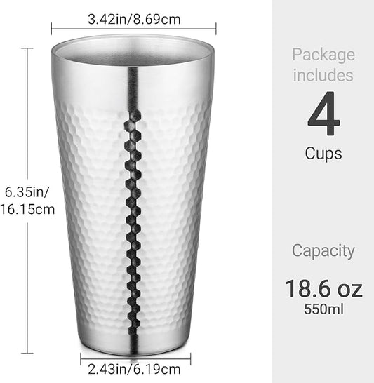 Beasea Stainless Steel Cups 19 oz, 4 Pack Large 18.6oz 550ml Stainless Steel Drinking Cups Water Tumbler Stackable Double Wall Insulated Individual Metal Pint Glasses Tin for Home Party Camping