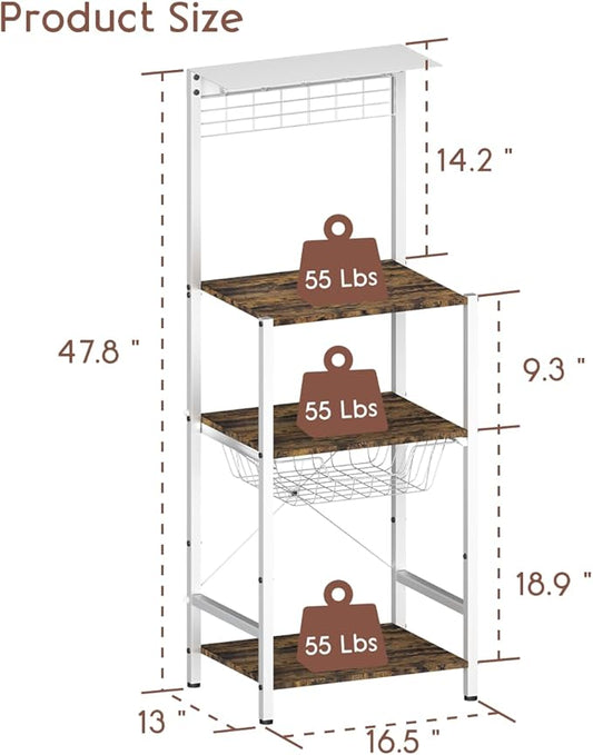 4 Tier Coffee Bar Station, Corner Bakers Rack with 5 Hooks & Wire Basket, Coffee Maker Stand for Small Space, Kitchen Storage Shelf for Entryway, Living Room, Café, White, 16.5"x13"x47.8"