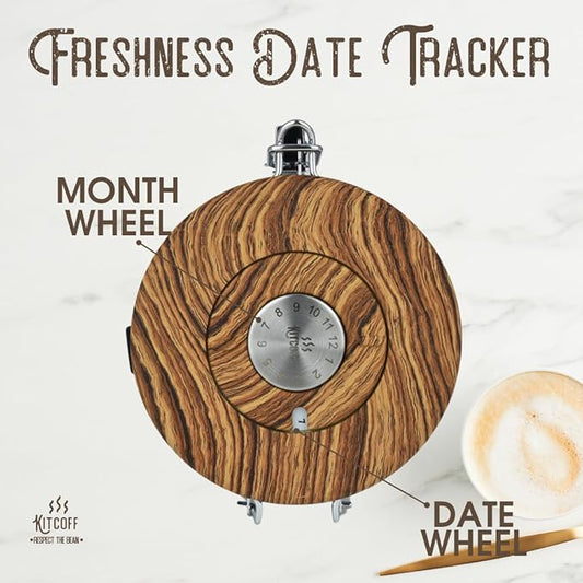 Coffee Grounds and Beans Container Canister with Date Tracker, CO2-Release Valve and Measuring Scoop - Made of Stainless Steel with Airtight Lids - Large, 22oz, Black w/Wood Print Lid