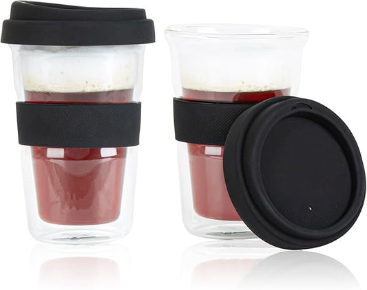 Restaurantware - Forma Professional 13.5 Ounce Insulated Travel Mugs, 10 Double Wall Coffee Mugs - Includes Lids And Sleeves, Reusable, Clear Borosilicate Glass Tumblers, Dishwashable, Microwavable