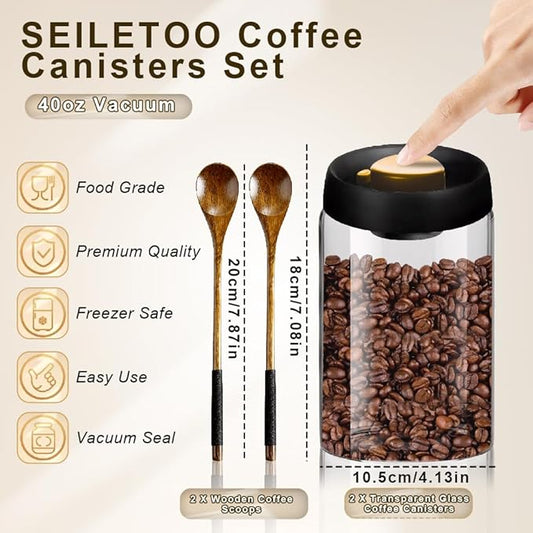 2PCS Vacuum Coffee Canisters with Airtight Lids and Wooden Spoons for Coffee, Borosilicate Glass Mason Jars Vacuum Sealer Kit, Grounds Coffee Bar Accessories for Tea, Beans, Spices, Sugar, 1200ml