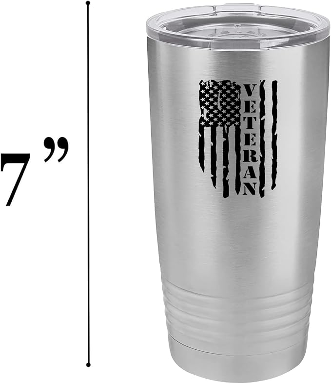 Rogue River Tactical USA Flag Veteran 20 Oz. Travel Tumbler Mug Cup w/Lid Vacuum Insulated Hot or Cold Military Vet Gift (Stainless Steel)