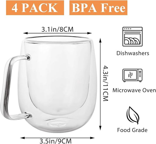 STARVAST 12 OZ Double Walled Glass Coffee Mugs, Glass Coffee Cups with Acacia Wood Lid Set of 4, Clear Espresso Cups with Handle, Perfect For Cappuccinos,Latte and Tea