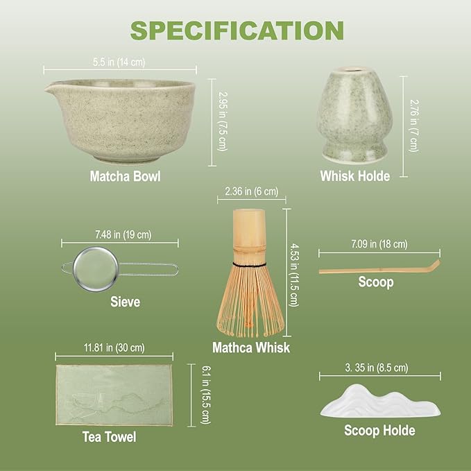 SIMPLETaste Matcha Whisk Set, 7 Pcs Ceramic Matcha Kit Includes Bowl, Whisk and Holder, Bamboo Scoop, Scoop Rest, Sifter and Tea Towel - Matcha Kit for Macha Lovers (Green)