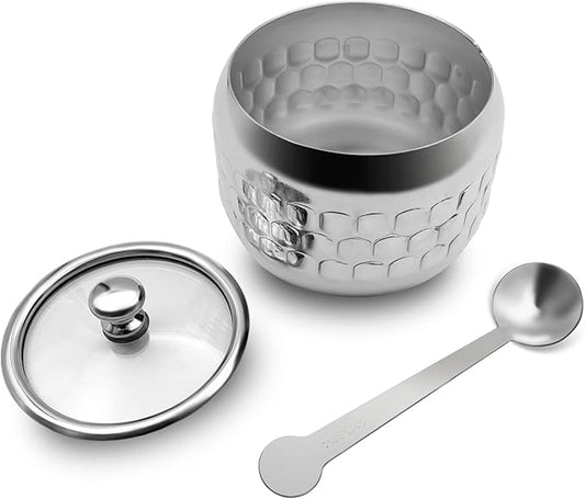 Stainless Steel Sugar Bowl Coffee Seasoning Jar Condiment Pot Spice Container Canister Cruet with Glass Lid and Spoon