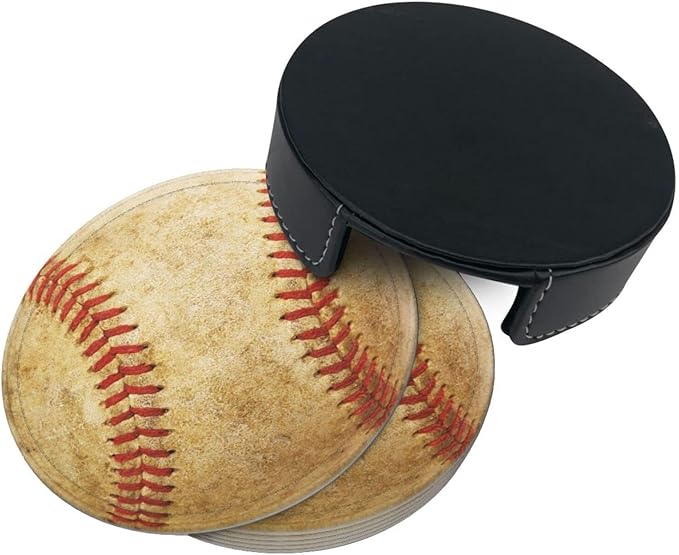 Baseball Coasters for Drinks with Holder Leather Coasters Set of 6 for Coffee Table