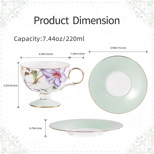 KAMMAK Ceramic Coffee Cups Saucers Set of 2, Porcelain Espresso Cups with Saucers, 7.44 oz Handcrafted Elegant Bone China Tea Cups, Passionflower & Crabapple Blossom Teacup for Party, Women Gift