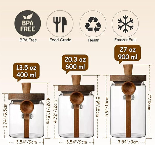 ANSQU Glass Jars with Wooden Lids and Spoons (13.5oz/20.3oz/27oz), Set of 3 Glass Food Storage Containers Coffee Jar Coffee Grounds Container, Glass Food Storage Canisters
