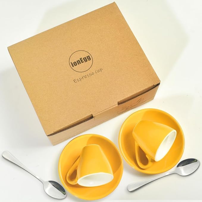 ionEgg Porcelain Espresso Cup with Saucer And Stainless Steel mini Spoons, Espresso shot Cup, 80ml/2.7Oz, Pack of 2, Yellow