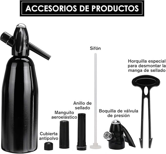 Soda Siphon 1L Premium Sparkling Water Maker - Aluminum Portable Seltzer Machine for Home, Bar, Cocktails, Coffee, Tea,Uses 8g C02 cartridges (Not Included)