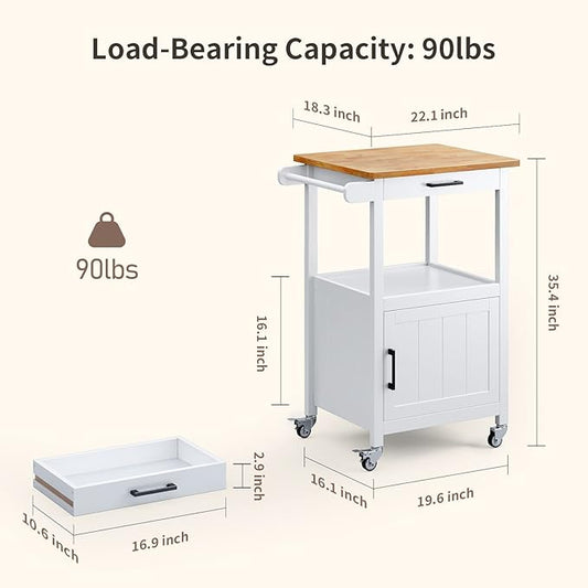 Kitchen Cart with Drawer, Small Kitchen Island on Wheels, Microwave Cart, Small Home Coffee Bar, Microwave Stand, Rolling Kitchen Island Cart with Side Hook, White