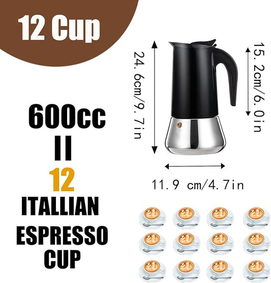 DITOSH 12 Cup Stovetop Espresso Maker Stainless Steel Moka Pot Stove Top Percolator Italian Coffee Makers Capable Mocha Greca Machine Cafe Classic Induction Cookers for Home and Camping 600ml 20oz