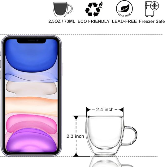 KitchenTour Insulated Coffee Mug 2.5 oz- Double Wall Glass Coffee Cup with Handle Set of 4 - Clear Glass Drinkware for Espresso,Cappuccino, Latte,Hot Beverages