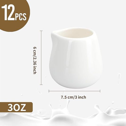 12PCS Mini Ceramic Creamer, 3 OZ Small Porcelain Creamer Pitcher, Small Syrup Pitcher, Coffee Creamer Pitcher, Creamer Dispenser, White Ceramic Pitcher for Coffee Tea Milk Sauce