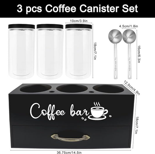 54 oz Coffee Canister Set with Shelf, Coffee and Sugar Container Set of 3 Canisters Sets for Kitchen Counter, Plastic Coffee Bean Storage Container with Scoop (Black - Drawer)
