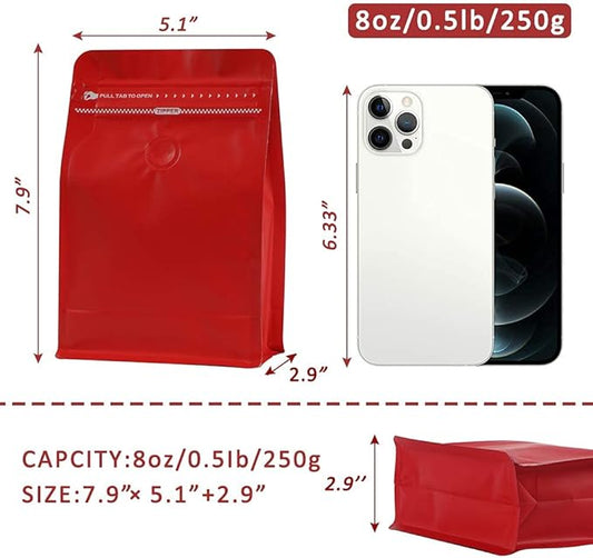 REMTAP Coffee Bags with Valve (50pcs,8oz) Red High Barrier Aluminumed Foil Flat Bottom Standing Coffee Beans Storage Bags,Reusable Heat Sealable Side Zipper Pouches for Home or Store