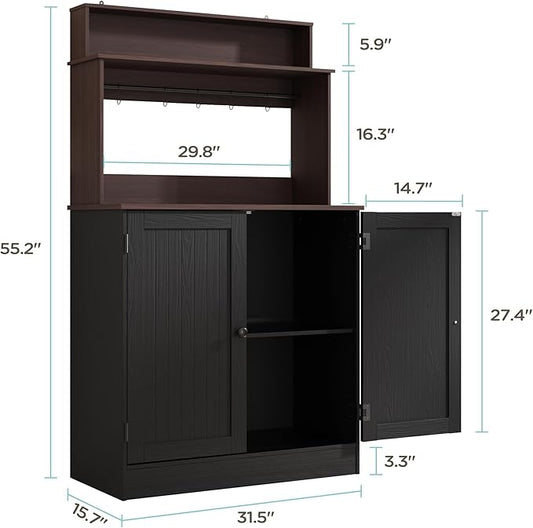 MHOM Farmhouse Coffee Bar Cabinet with Storage, Rustic Buffet Cabinet with 5 Hooks, Small Coffee Station Cabinet for Kitchen & Dining Room, Antique Black