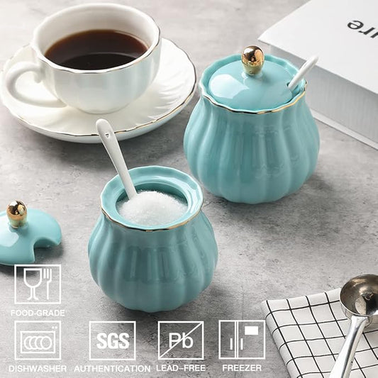 Sweejar Royal Ceramic Sugar Bowl, 12 Ounce Sugar Container with Spoon and Lid, Porcelain Salt Bowl Salt Container, Sugar Holder for Coffee Bar, Home and Kitchen(Turquoise)