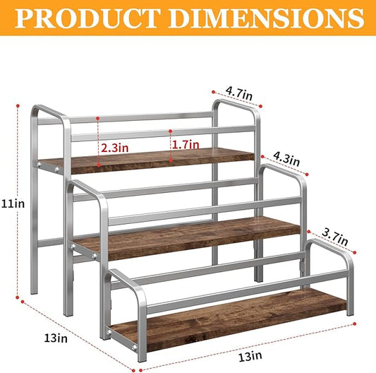 DTUQYX Coffee Syrup Organizer 3-Tier, 12 Bottles Capacity Coffee Syrup Rack, Syrup Stand for Spice, Wine, Liquor, Bottle, Coffee Bar Station Racks Magnetic, No Installation (Dark Wood, Grey)