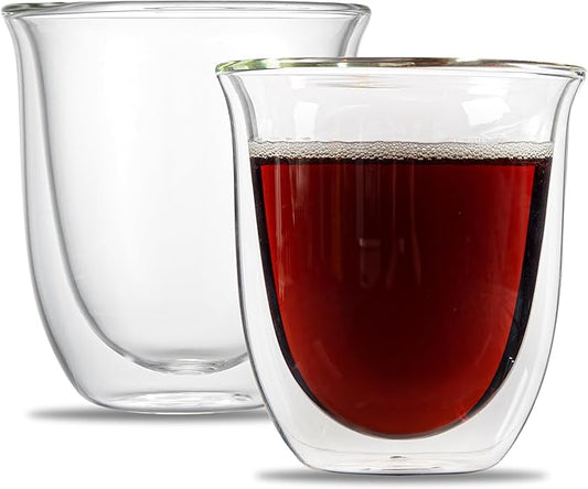Restaurantware Coffee Cup 2 Pack of 6.8 oz Insulated Double-Wall Glass Borosilicate Coffee Cup Espresso Shot Dishwasher Safe For Hot Drinks