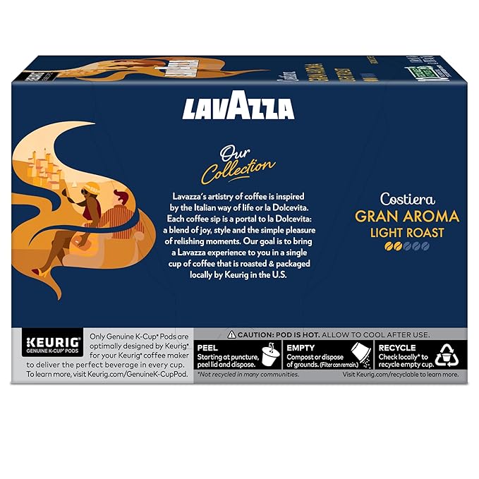 Lavazza Costiera Gran Aroma,Single-Serve Keurig K-Cup Pods,Light Roast Coffee,60-Count Box,(Pack of 12)